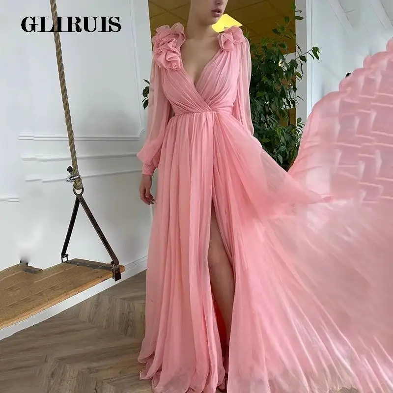 Pink Puffy Long Prom Dresses 2022 Sexy Deep Vneck Pleat Chiffon Formal