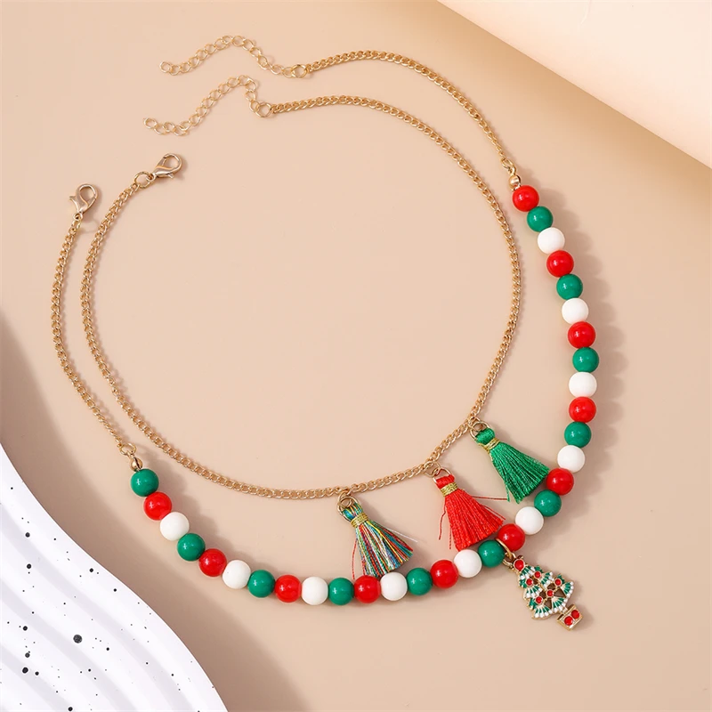 Modische Weihnachtsbaum-Quasten-Anhänger-Halskette für Frauen Handgefertigte Perlen-Halskette Mädchen Party Festival Schmuck Geschenke – Detail 7
