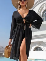 INGAGA Solid Women Beach Tunics Long Sleeve Beach Cover Up 2022 New Black Beachwear Mesh Bathing Suit Hollow Out Beach Dress