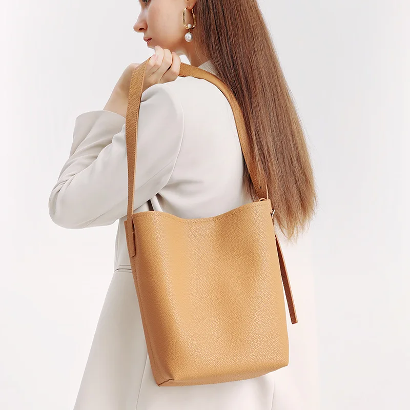

New Winter Split Leather Handbags Female Totes Quality Solid Color Purses Luxury Classic Simple Bucket Shoulder Bags For Women