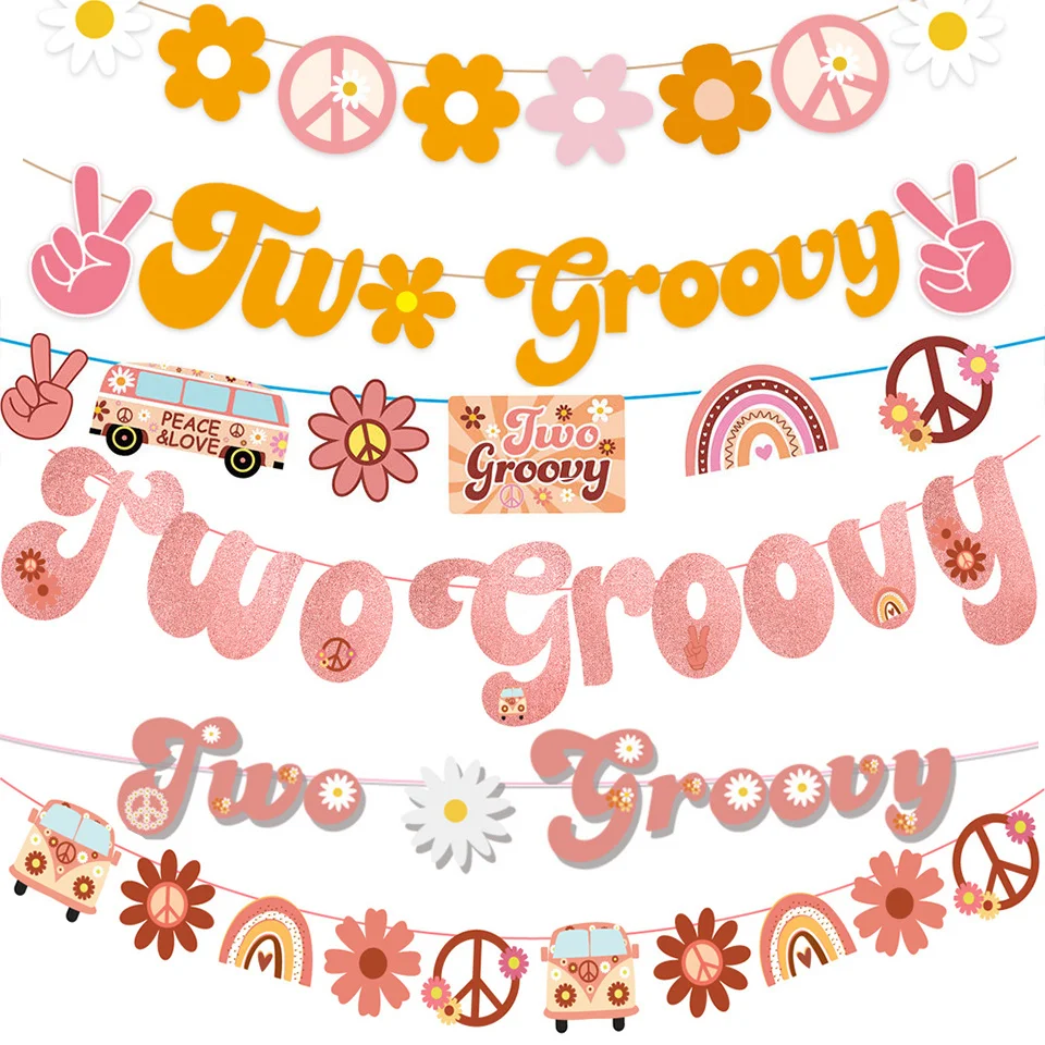 1SET Hippie Two Groovy Bohemian Rainbow Bus Flower Paper Banners For Kids Bohemian Hippie Birthday Party Decorations Supplies