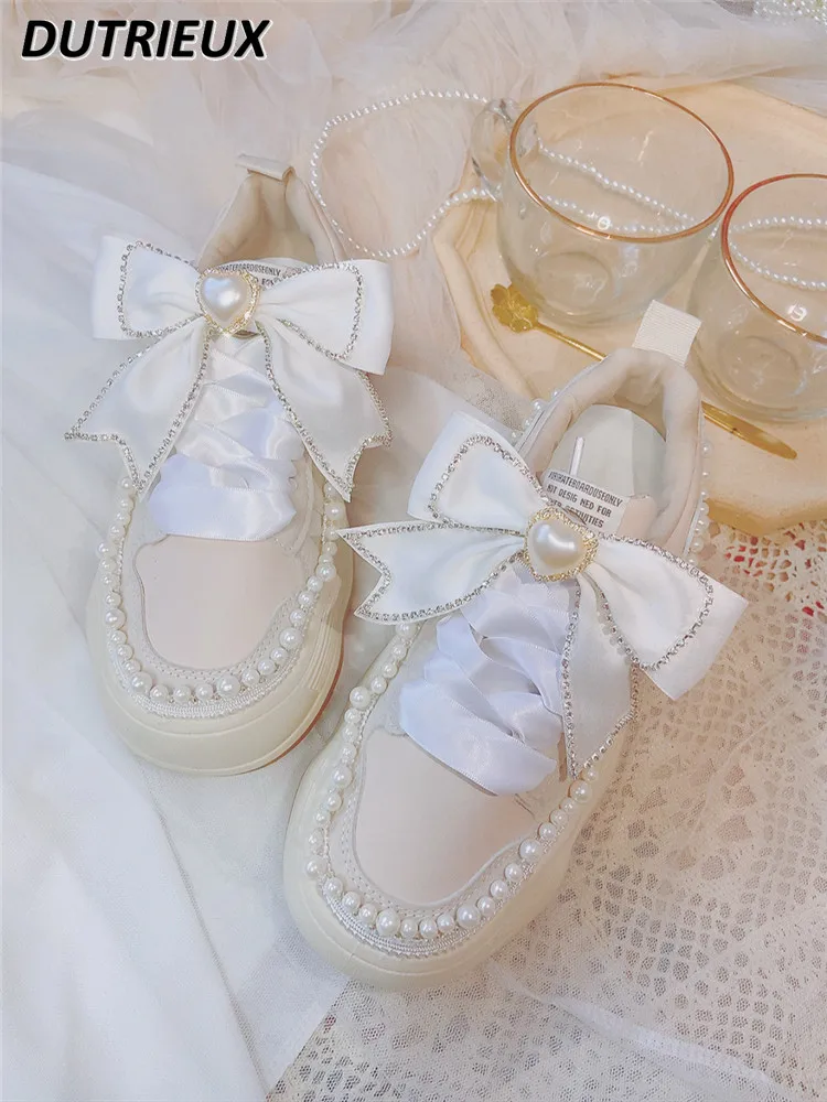 

Spring and Summer New All-Match Sweet Cute Flat Shoes for Women Bow Casual Sneakers Thick Bottom Elegant Pearl Sneakers