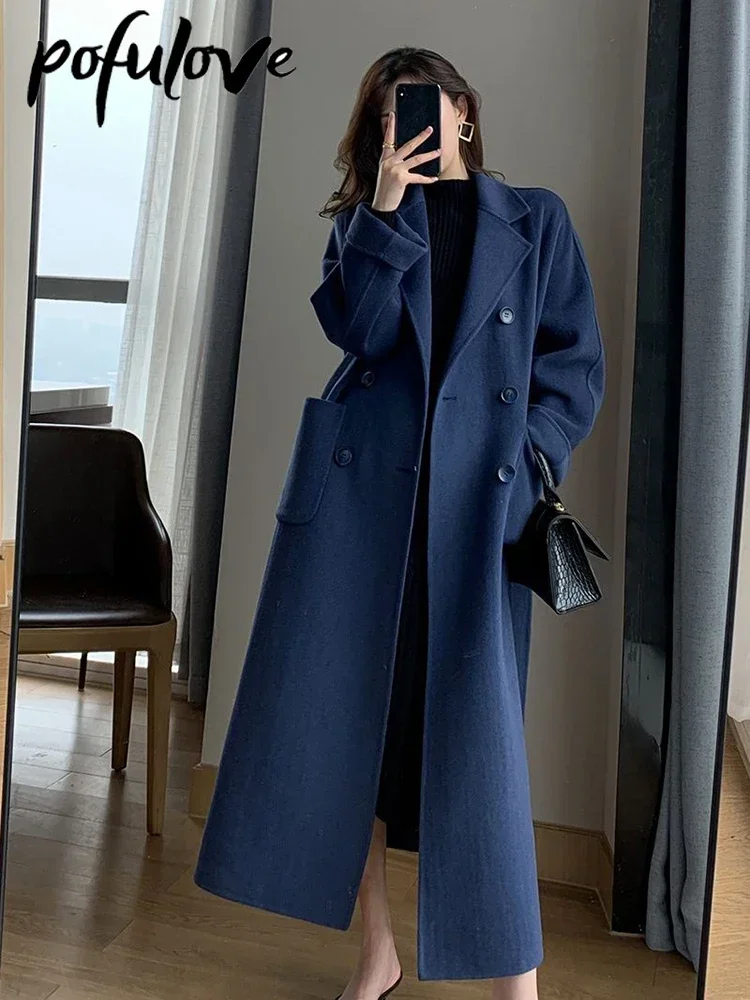 여성 캐주얼 모직 롱 코트, 더블 브레스트 인조 울 재킷, 가을 패션, 한국 여성 블랙 의류, 겨울 신상