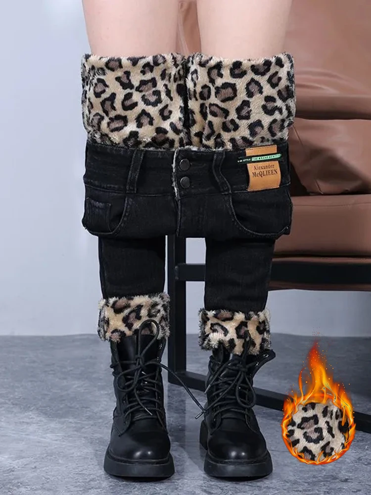 

Зимние леопардовые джинсовые брюки до щиколотки с высокой талией и плюшевой подкладкой, корейская мода, уличная одежда с двумя пуговицами, джинсы-Карандаш Стретч теплые