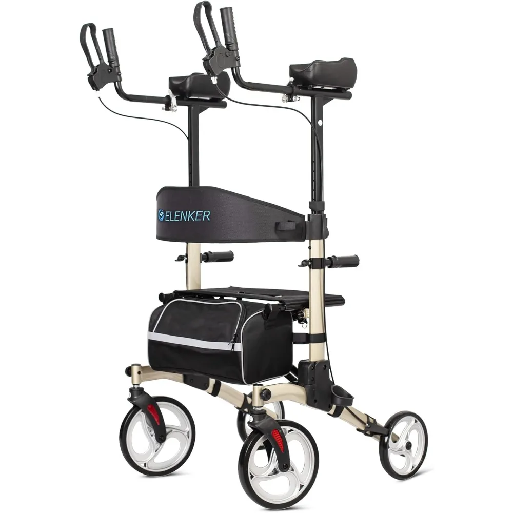 Upright Walker, Stand Up Folding Rollator Walker with  Front Wheels Backrest Seat and Padded Armrests(Champagne) 2