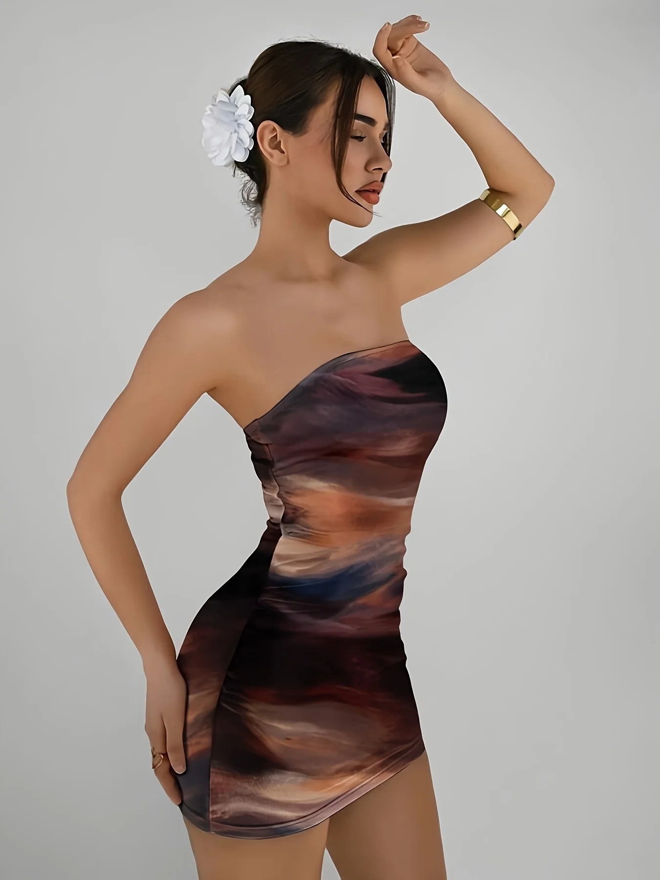 Robe Mini Élégante Femme en Maille Imprimée Dégradée, Nouveau Style Printemps-Été, pour Fête et Vacances, Sexy, Sans Bretelles, Coupe Ajustée
