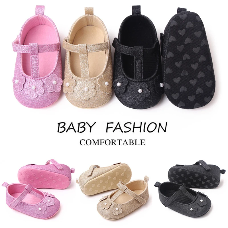 Newborn Infant Baby Girls Flat Shoes Soft Sole Shiny Flower Pearls Non-slip Indoor Outdoor Toddler Princess Shoes