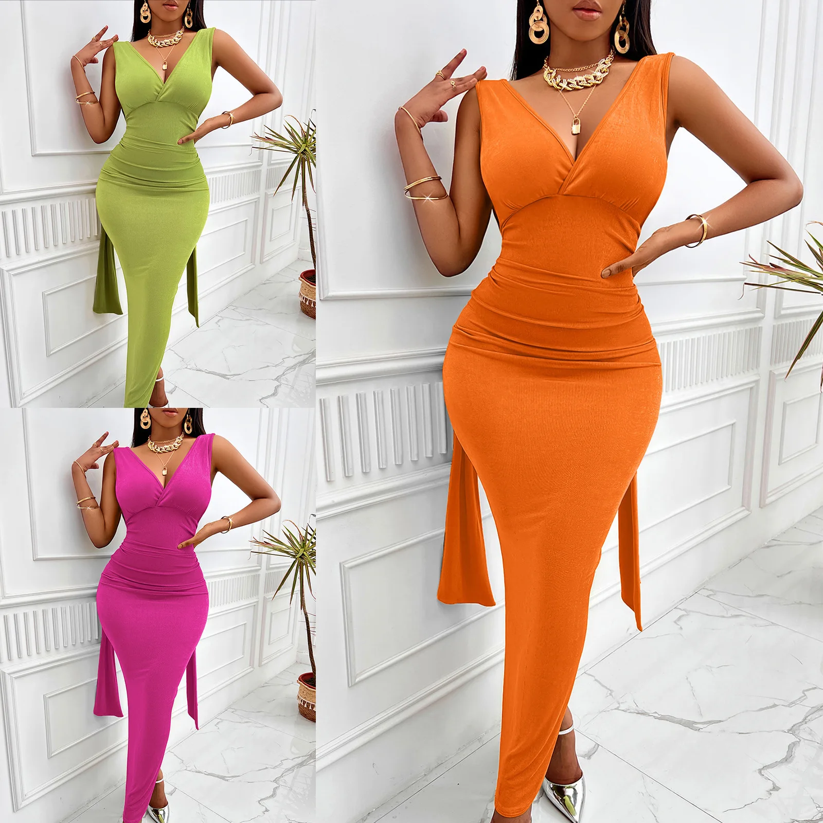 

New Summer Sexy Women's 2024 New V-Neck Solid Color Waist Wrapped Sleeveless Hip Wrap Dress