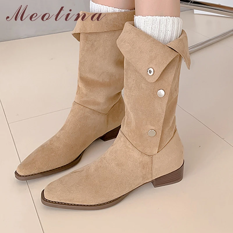 

Meotina Women Mid Calf Boots Square Toe Thick Mid Heels Western Boots Ladies Fashion Shoes Winter Autumn Apricot Black 40