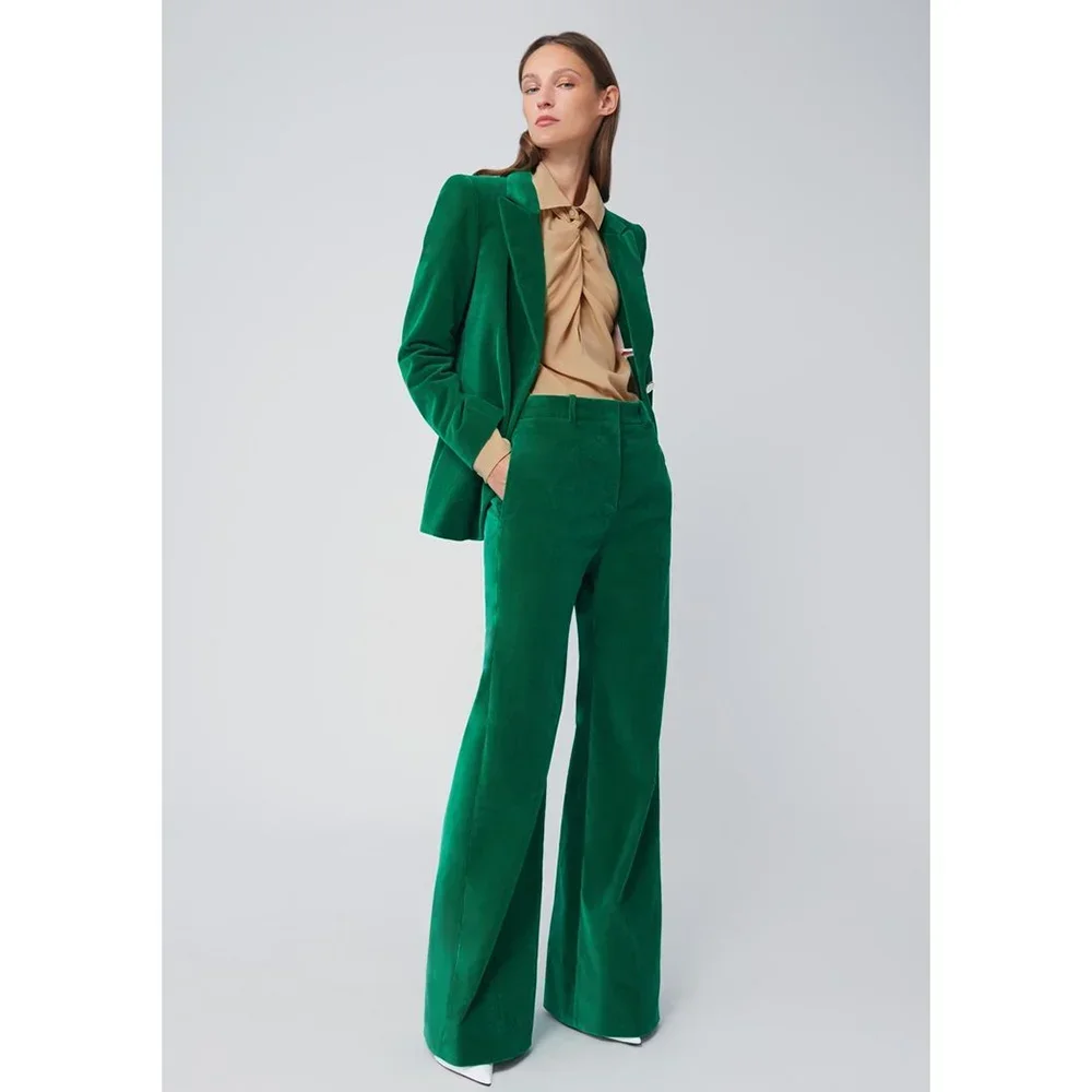 Ensemble Blazer et Pantalon en Velours pour Femme, Chic, Vert, à la Mode, Revers Patricia, un Bouton, Formel, Décontracté, Bureau, 2 Pièces