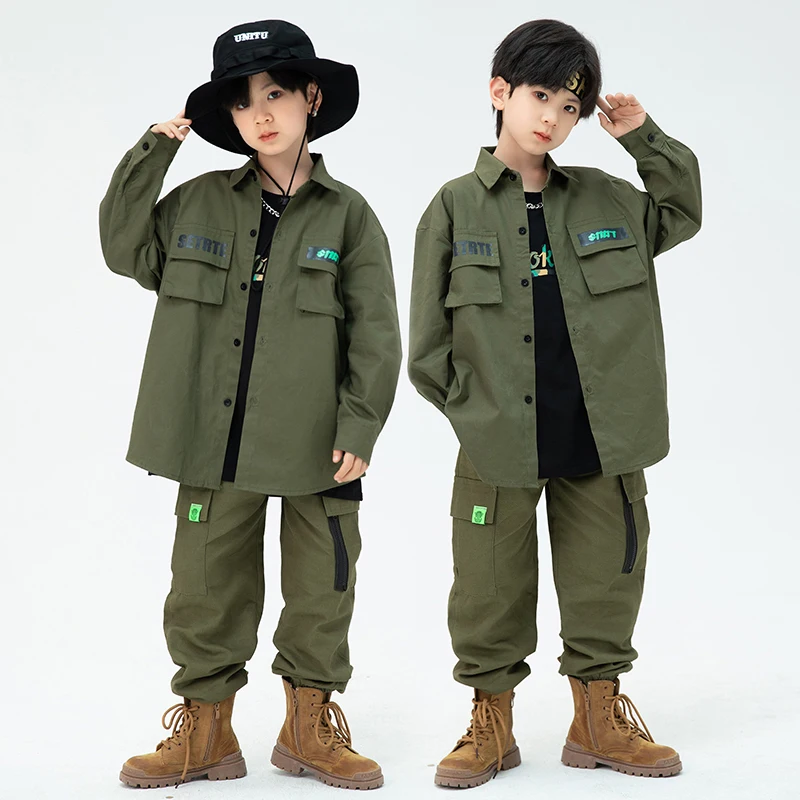 

Hip Hop Dance Costume For Kids Long Sleeves Tooling Coat Pants Boys Hiphop Outfit Girls Concert Show Clothes Rave Wear BL9291