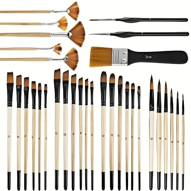 32Pcs 전문 나무 손잡이 아트 브러쉬 세트 나일론 브리스톨 페인트 브러시 오일 수채화 아크릴 구 아슈 그림 D2RC