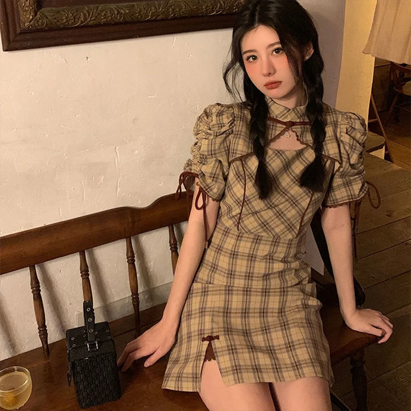 

Kawaii Plaid Dress Women Summer Preppy Style Elegant Vintage Short Cheongsam Dresses Sweet Split Ruffles Lolita Sundress 2022