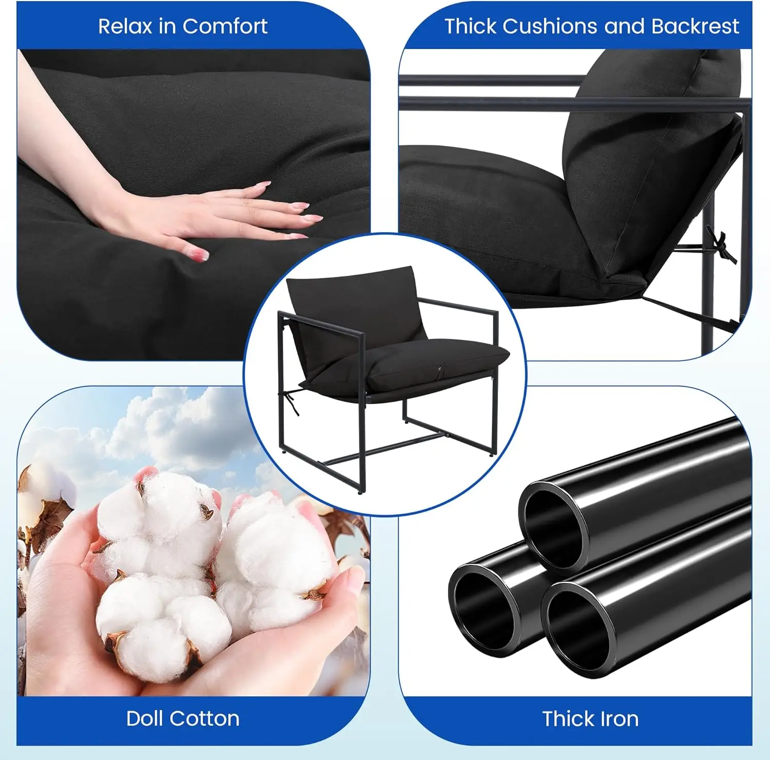 2,Cozy Living Room Chairs, Square Metal Frame, Upholstered Soft Cushion, Sponge, 27.6" x27.6“x32.3, Easy Assembly, Black