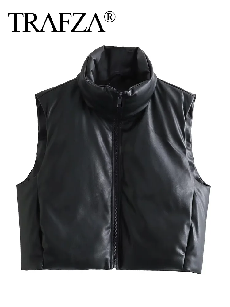 

TRAFZA Woman Warm Vest Zipper Sleeveless Coat High Neck Winter Waistcoat Jacket Woman Cropped Faux Leather Vest Women Black Vest