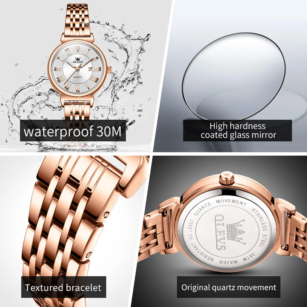 OLEVS 9997 Women's Watches Solid Stainless steel Strap Classic Elegance Roman Dial Waterproof Luminous Date Girl Wristwatch Gift 4