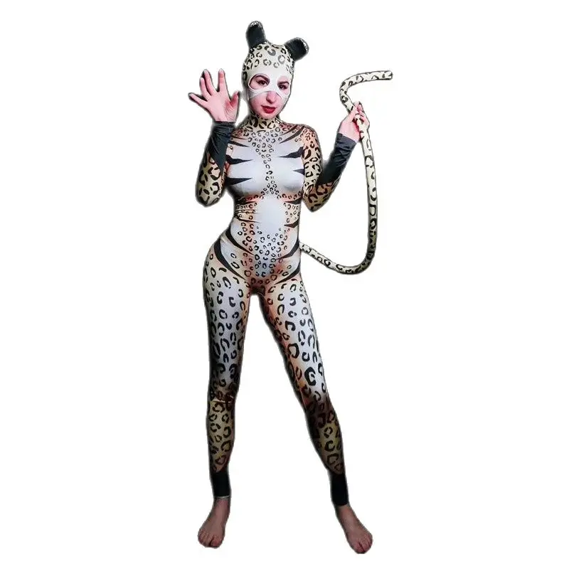 

Halloween Party Leopard Cosplay Costumes Women Stretch Skinny Animal Role Playing Bodysuit Sexy Dancer Leotard Stage Outfits
