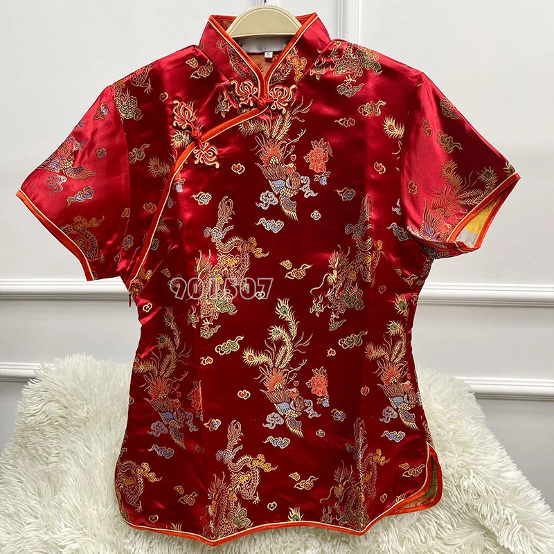 새로운 자카드 꽃 당나라 의류 여성 패션 Qipao 탑 빈티지 개선 Cheongsam 새틴 셔츠 탑 버튼 다운 착용 Plussize