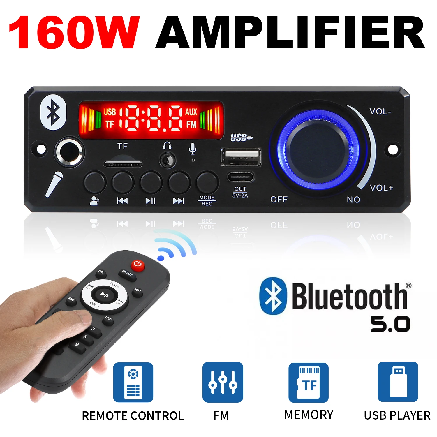 Bluetooth 5.0 MP3 dekodér nasednout 2*75W 80W zesilovač audio hráč 12V DIY MP3 hráč auto FM rádio modul TF USB mikrofon zaznamenat volat