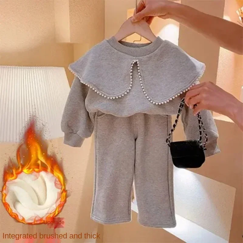 

Girls Fall Pearl Gray Sweater Suit Baby Winter Clothes Plus Velvet Lapel Children's Sweater Top+ Pants Fashion Birthday 2pcs Set