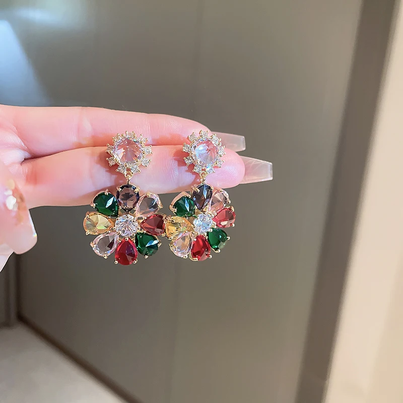 

DREJEW Sparkling Cubic Zirconia Colorful flowers Drop Earrings Geometric Squares Stylish Dangle Earrings Valentine Birthday Gift