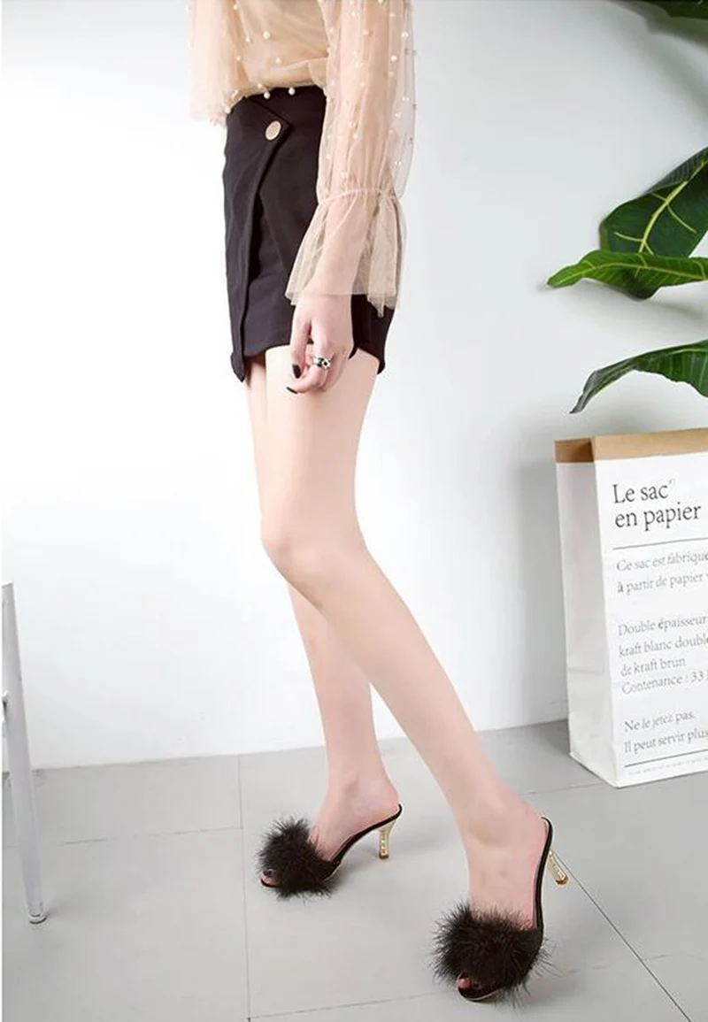 Fluffy Stiletto Outdoor Slides High Heel Profile Presentation