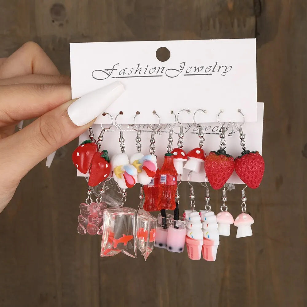 10 Uds. De pendientes de gota de Margarita y bebida de fruta dulce, bonitos pendientes de resina divertidos con dibujos de comida, helado, Donut, joyería para mujeres y niñas