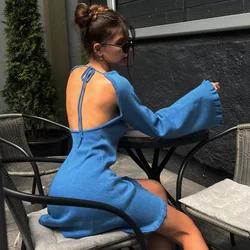 BKLD Knitted Sexy Lace-Up Backless Dress 2024 Winter New Flared Long Sleeve Solid Color Short Dresses Clothes For Women Party