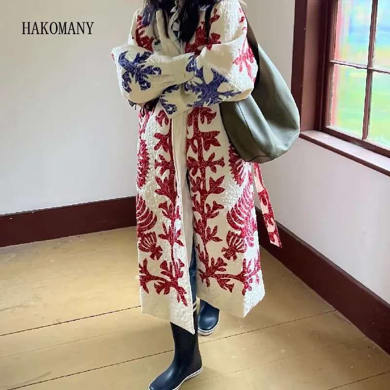 

Women Quilting Full Sleeve Warm Loose Jacket Retro Outerwear Winter White With Red Flower Print Lapel Long Quilted Coat Ethnic