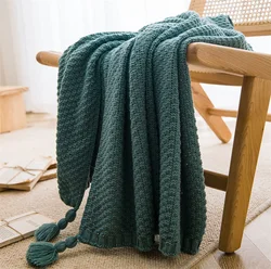 Nordic Chunky Knit Tassel Throw Blanket - Waffle Embossed Design - 110x150cm (Light blue)