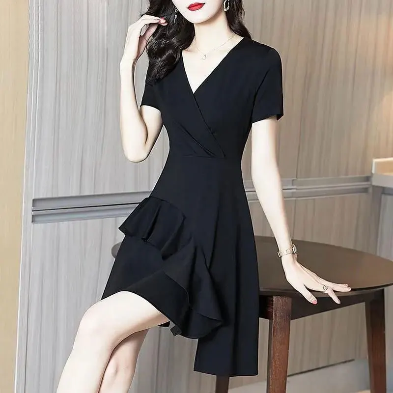 Elegant V-Neck Korean Ruffles Patchwork Dresses Female Stylish ...