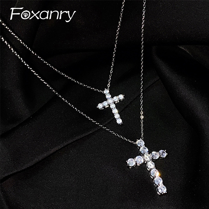 Foxanry Bling Zircon Necklace For Women Romantic Simple New Personality Cross Pendant Engagement Party Jewelry Gifts Wholesale