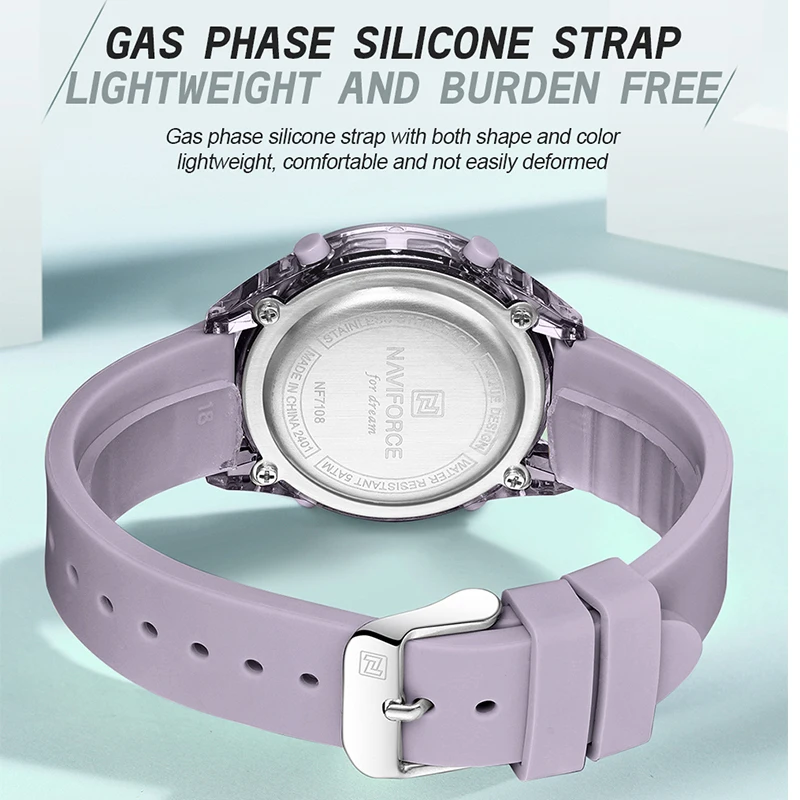 NAVIFORCE High Quality Woman Watch 50m Waterproof LCD Digital Display Electronic Wristwatch for Women Silicone Band Female Clock 6