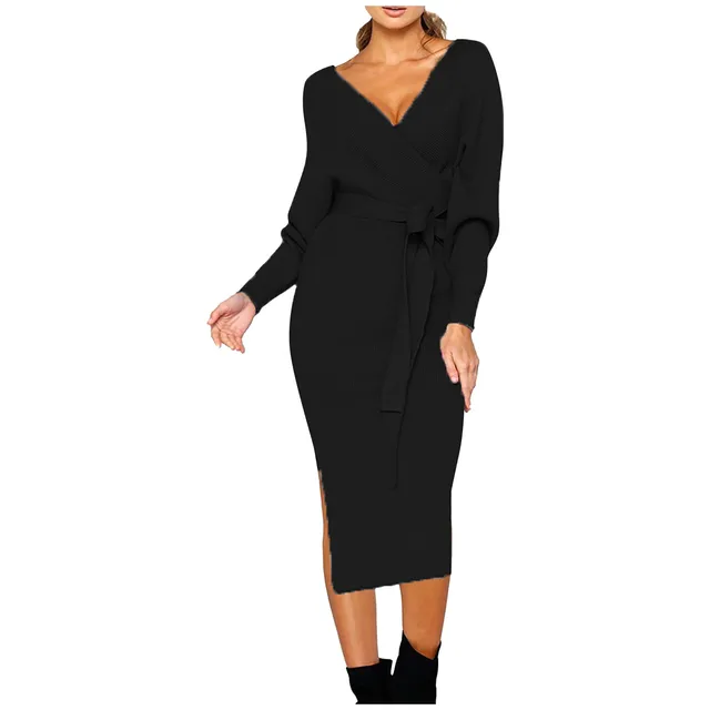 Women's Elegant V Neck Wrap Knit Sweater Dress Long Sleeve High Slit Sexy Midi Dresses with Belted Solid Color Casual Dress 4