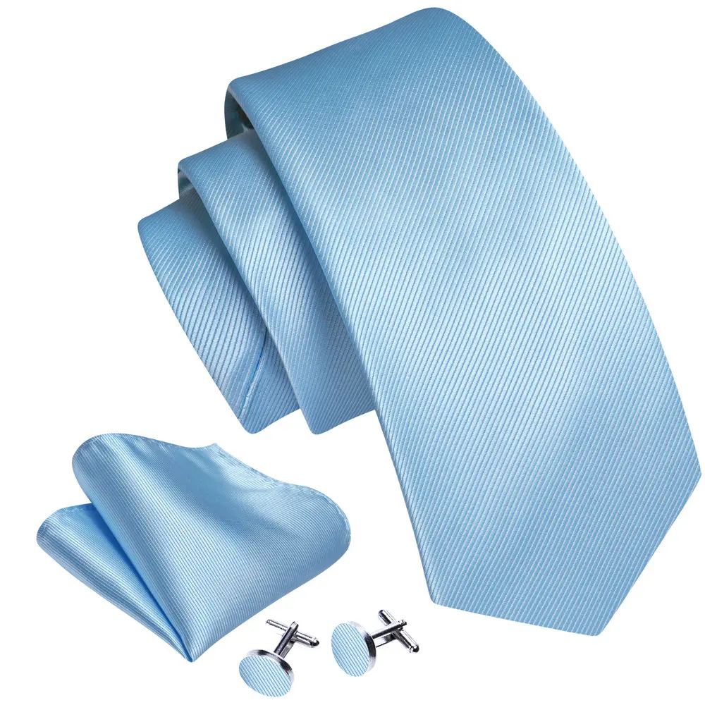 Light Blue Silk Tie Men Solid Pocket Square Cufflinks Woven Suit Necktie Sets Wedding Party Gift Barry.Wang 6481 neck tie pocket square