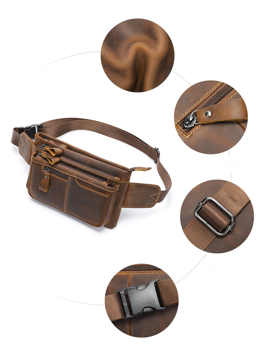 バッグ leather waist pouch brown Crazy Horse Leather Waist Bag For Men Male Genuine Leather