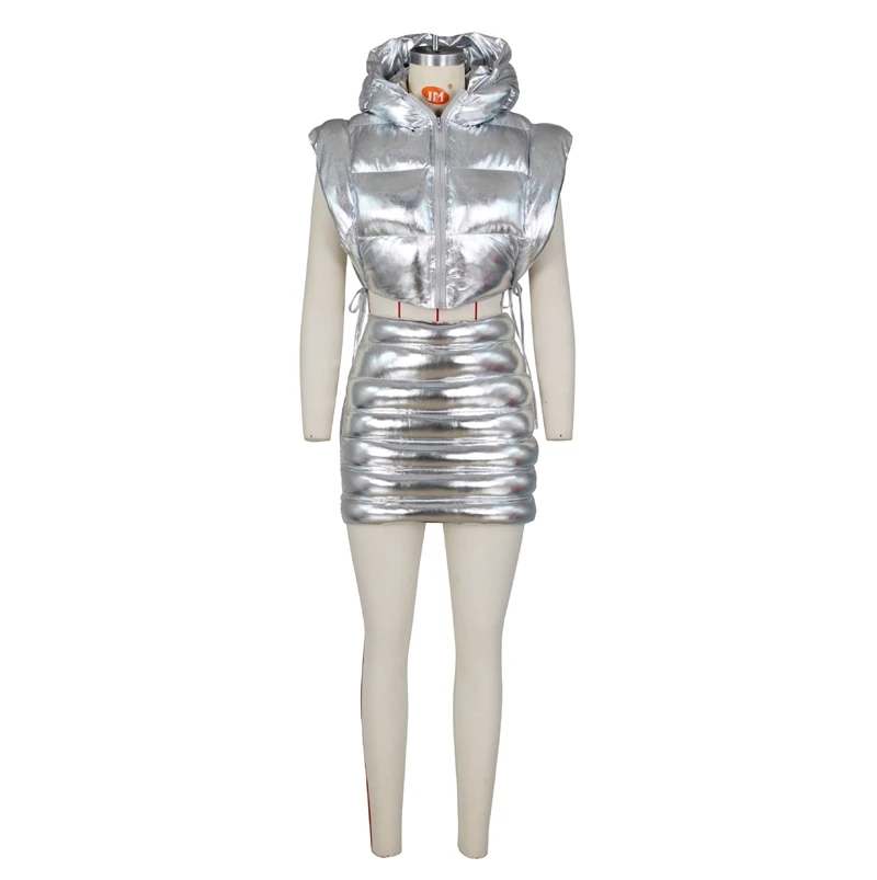 Bronzing Shiny Puffer Sleeveless Jackets Thick Warm Tie Up Open Side Hooded Batwing Gilding Parkas Vest Autumn Witner Jacket