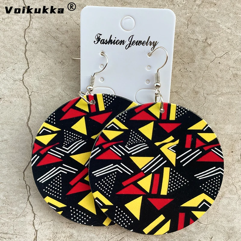 Voikukka Jewelry African Ethnic Fabric Pattern Leaf Wood Double Sides Print Round Drop Dangle Women Earrings Accessories