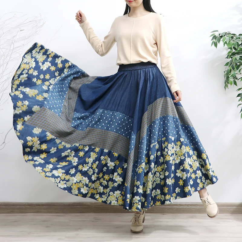 TIYIHAILEY Free Shipping 2022 New Long Maxi A-line Skirt Women Elastic Waist Winter Autumn Denim Jeans Vintage Big Hem Print