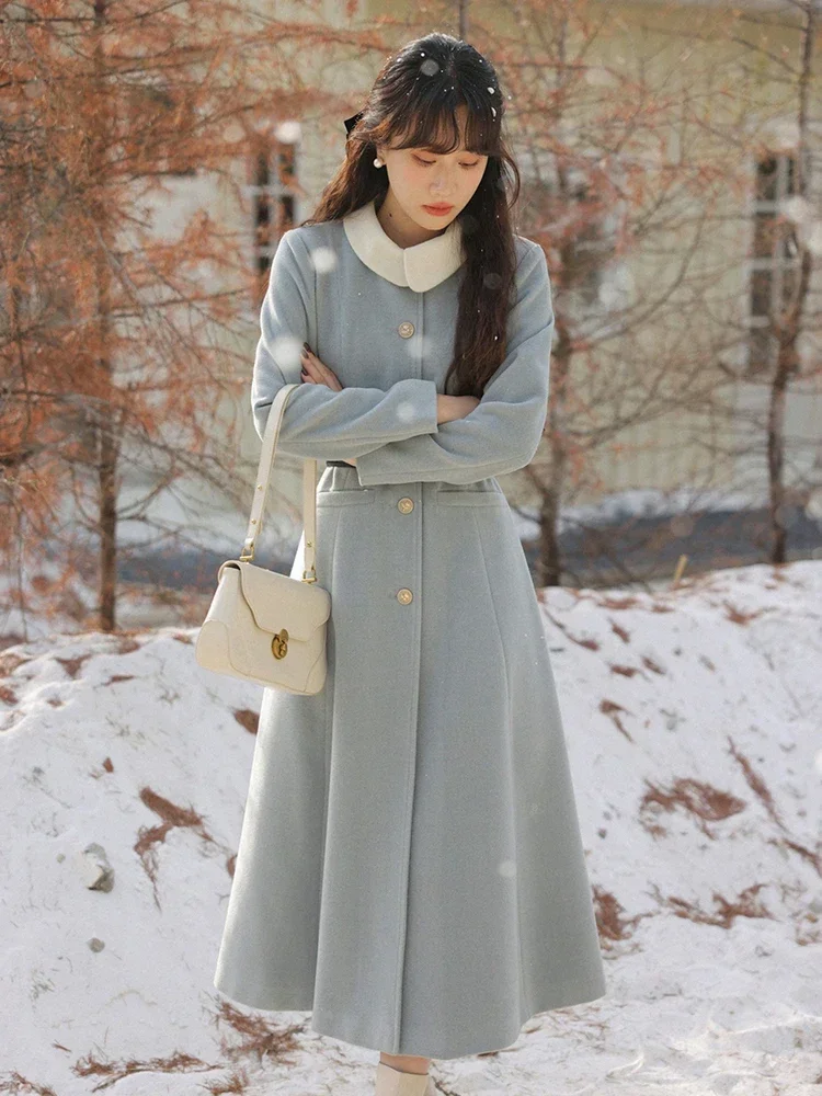 French Vintage Woolen Overcoat for Women Winter Slim Fit Elegant