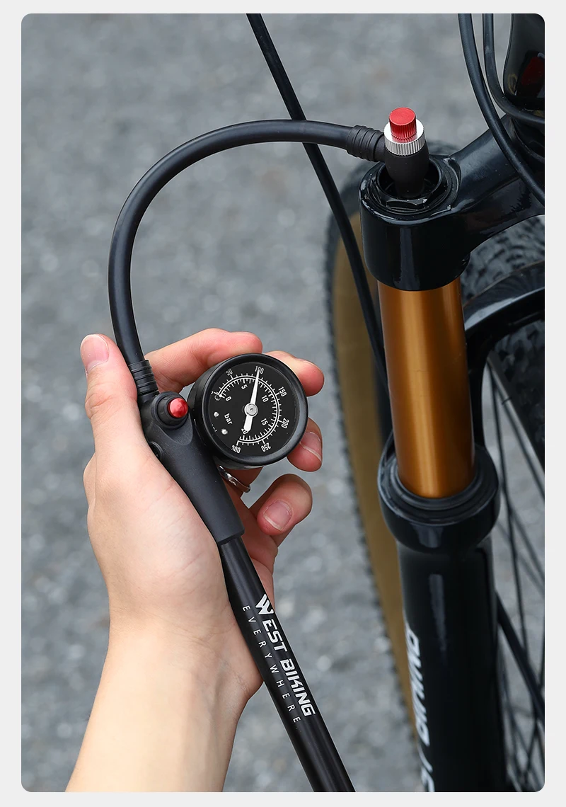 WEST BIKING 400PSI Fahrrad Luftpumpe Hochdruck MTB Fahrrad Schock Pumpe Mit Manometer Schrader Ventil für Vorderradgabel Hinterradaufhängung – Detail 17