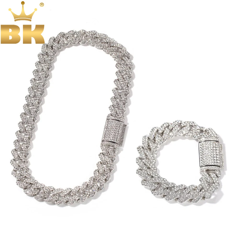 TBTK NE+BA 18mm Zinc Alloy S-Link Mens Miami Cuban Necklace & Bracelet Set Full Bling Iced Rhinestones Hiphop Jewelry