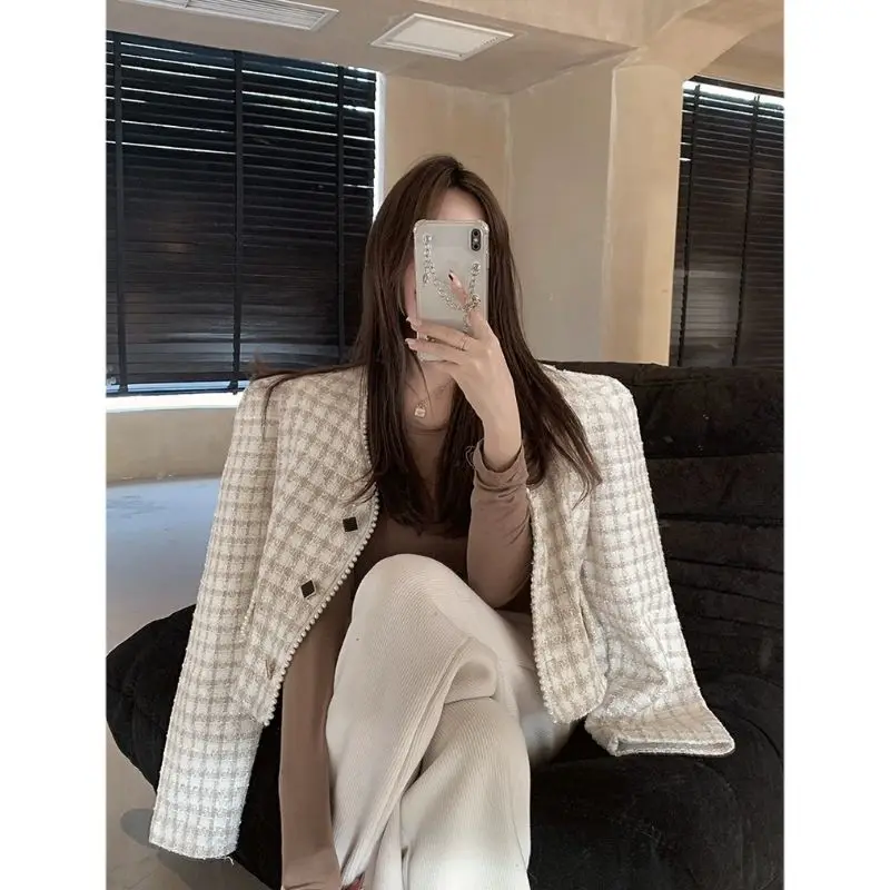 Jacket Elegant Slim Short Outwear With Pockets Short Coat Single-Breasted Tweed Jacke Cardigan