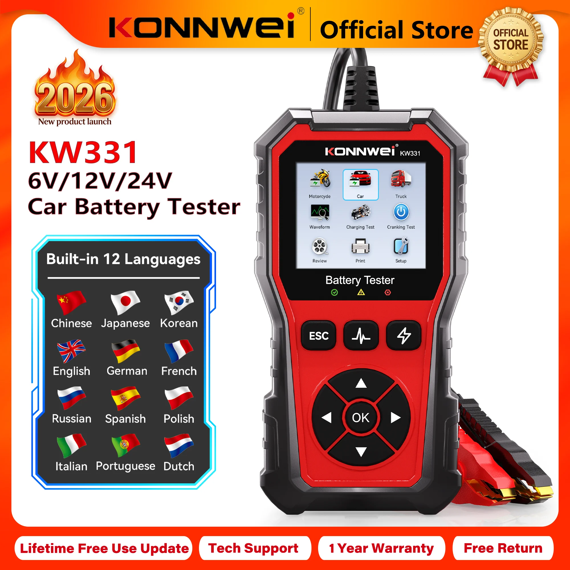 KONNWEI Car Battery Tester KW331, 6V 12V 24V 100–2000 CCA Cranking Charging System Analyzer Tool for Cars Motor Trucks and DIY Users 2026