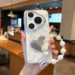 Elegant 3D Butterfly & Pearl Heart Mirror Phone Case with Bracelet Attachment for HUAWEI Pura 90 Pro Max (YahuiY11)