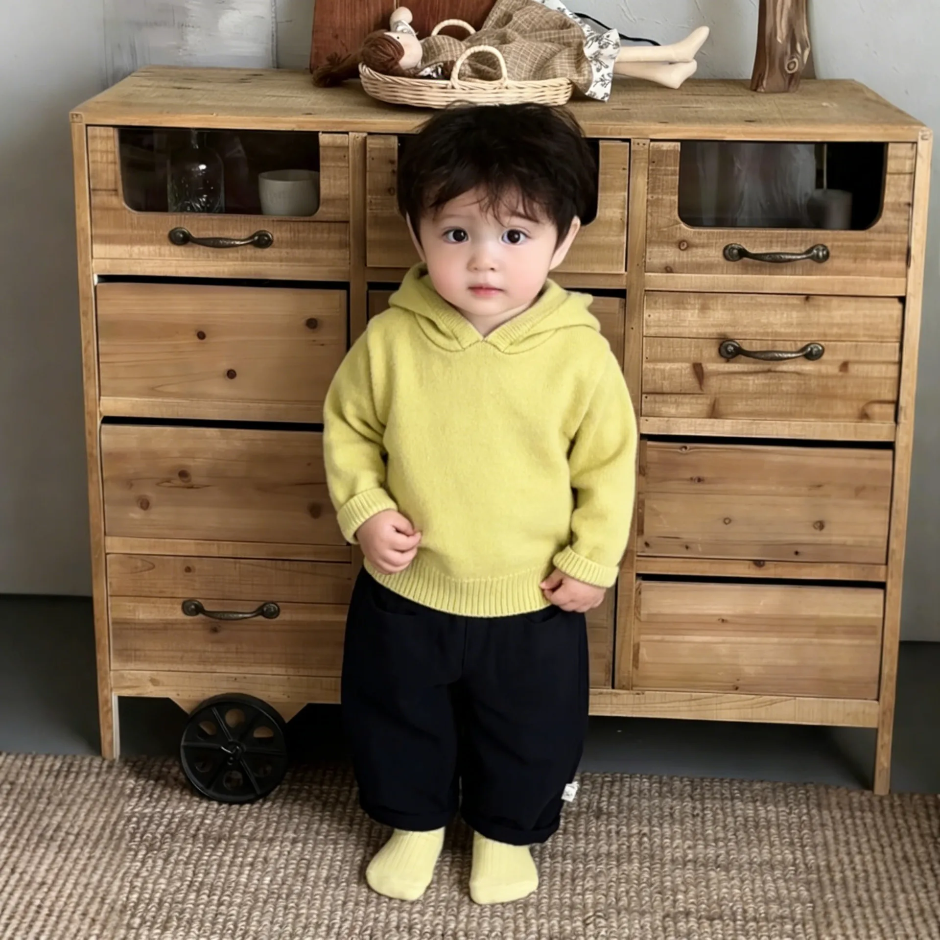남아 스웨터 2026 봄 가을 신상 아동복 한국 스타일 남자아이  패션 귀여운 긴 귀 후드 루즈핏 니트 상의