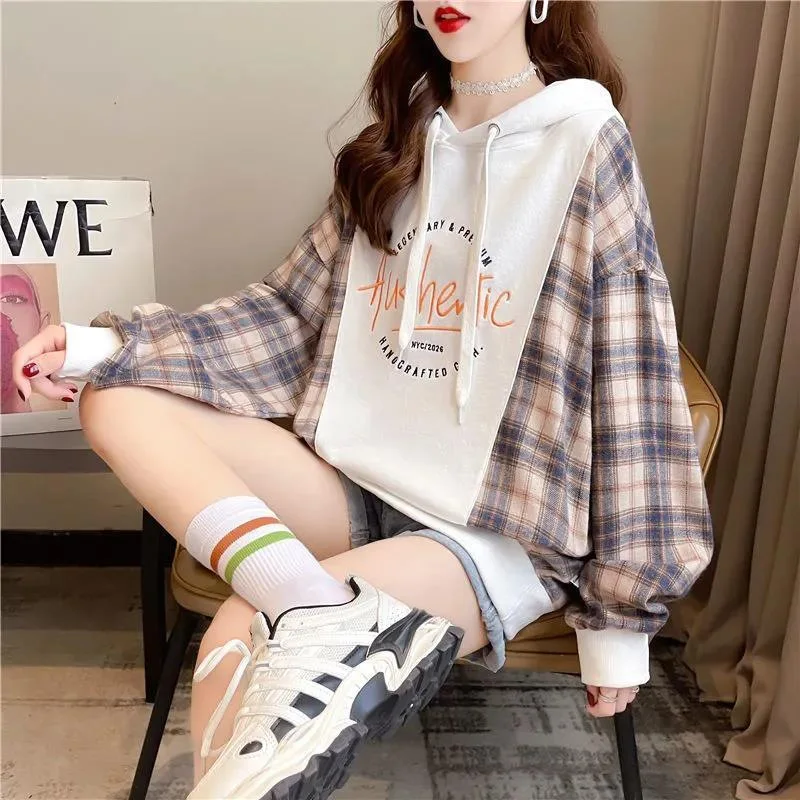 

2023 Spring and Autumn Korean Edition Thin Design Plaid Panel Casual Hooded Sweate