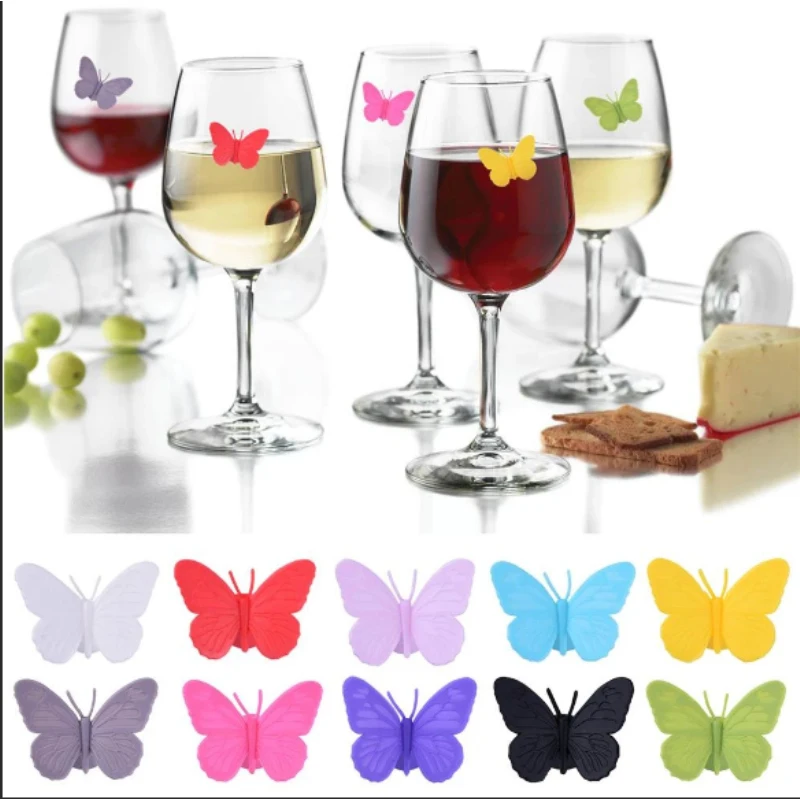 

6/12pcs Wine Glass Marker Creative Butterfly Silicone Drink Charms Drinking Cup Identifier Sign Mark Food Grade Party Supplies