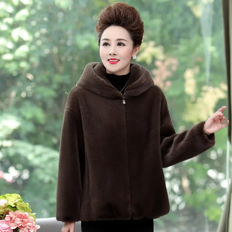 Winter Faux Fur Coat Women Solid Colors Hooded Imitation Mink Plush Outwear Korean Style Thick Long Sleeve Oversized Flurry Coat