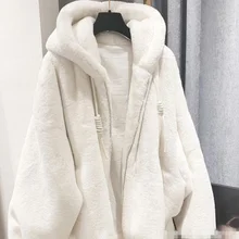 

Winter White Oversized Faux Fur Jacket Women with Hood Raglan Sleeve Zipper Korean Fashion Clothing for Womens 2022